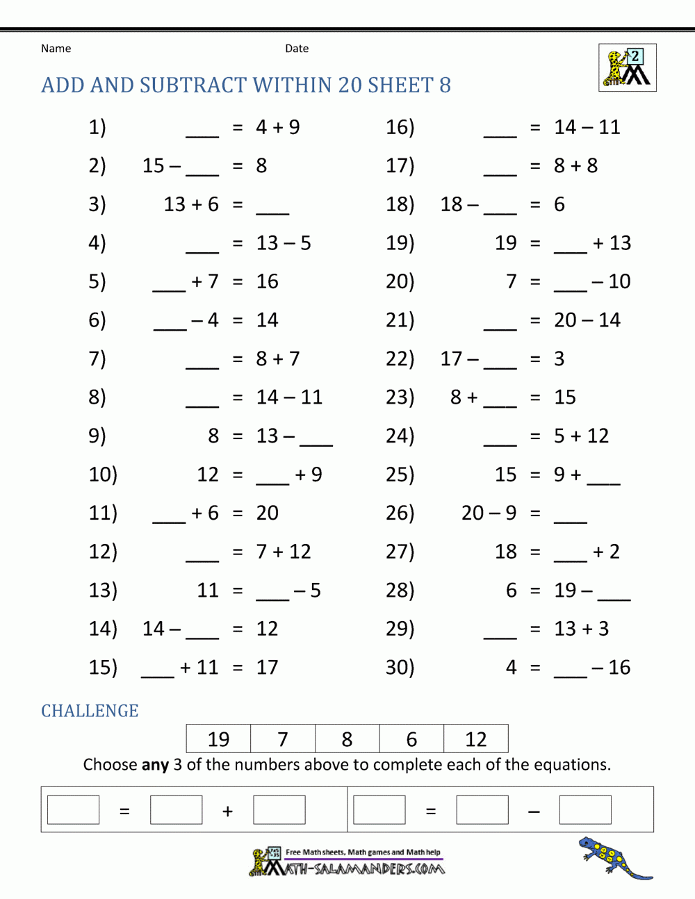 Add And Subtract Within 20