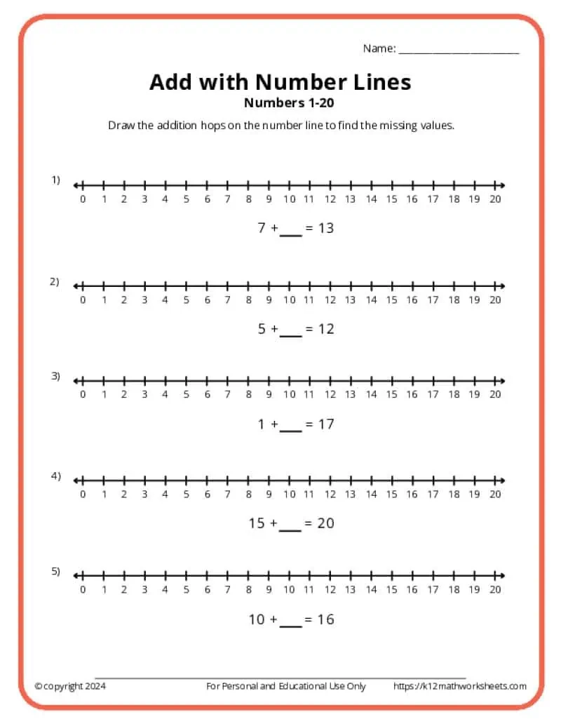 Add With Number Lines K12 Math Worksheets
