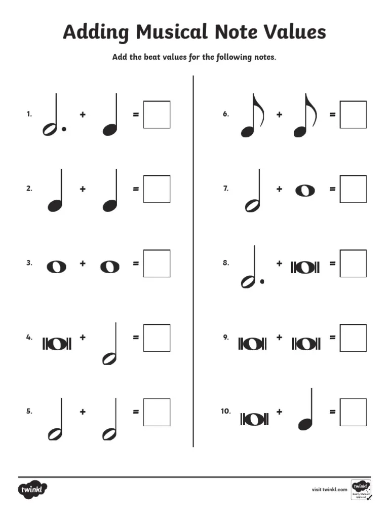 Adding Musical Note Values Activity PDF