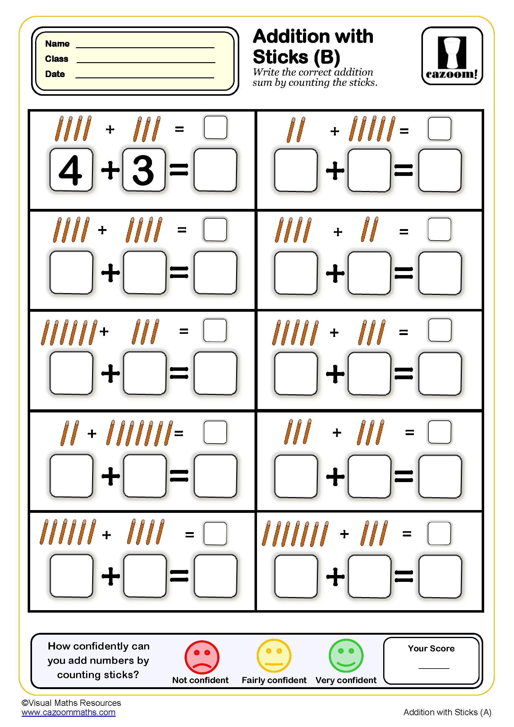 Addition With Sticks Worksheet B PDF Printable Addition Worksheets
