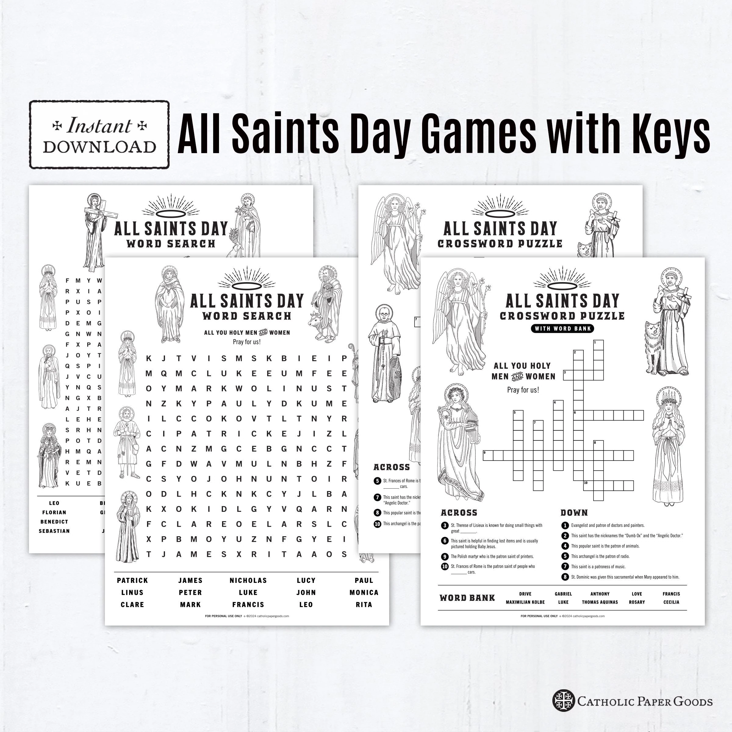 All Saints Day Activity Bundle Catholic Crossword amp Word Search 