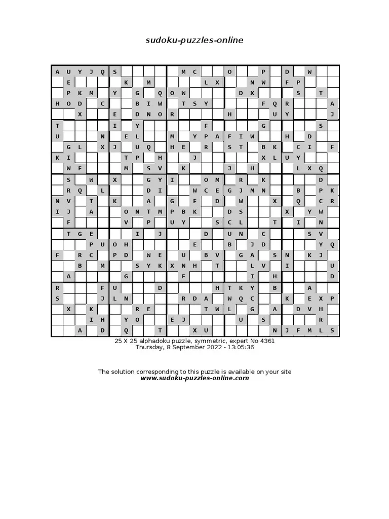 Alphadoku 25x25 Sudoku Puzzle To Print Symmetric Level Expert 