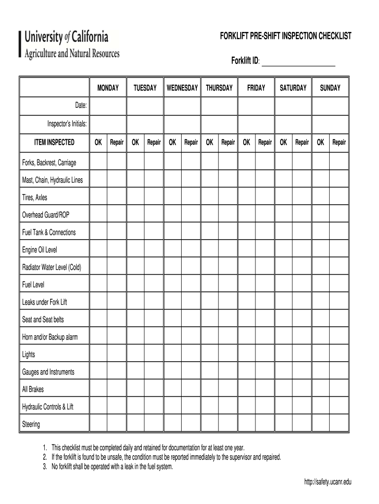 ANR Forklift Pre Shift Inspection Checklist Form Fill Online 