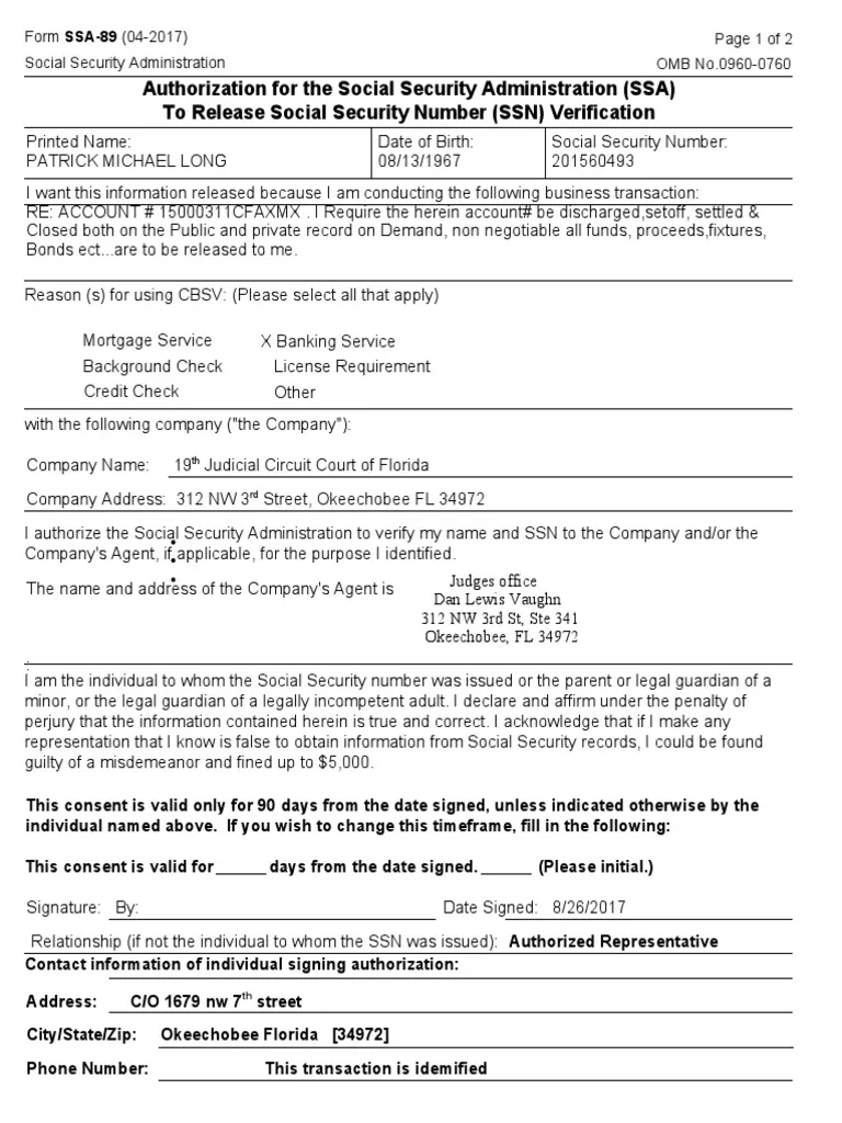 Authorization For The Social Security Administration SSA To 