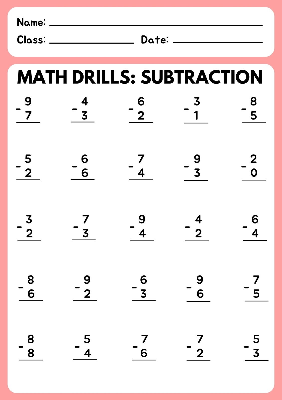 Basic Subtraction Worksheet For Kids Printable Math Practice Sheets