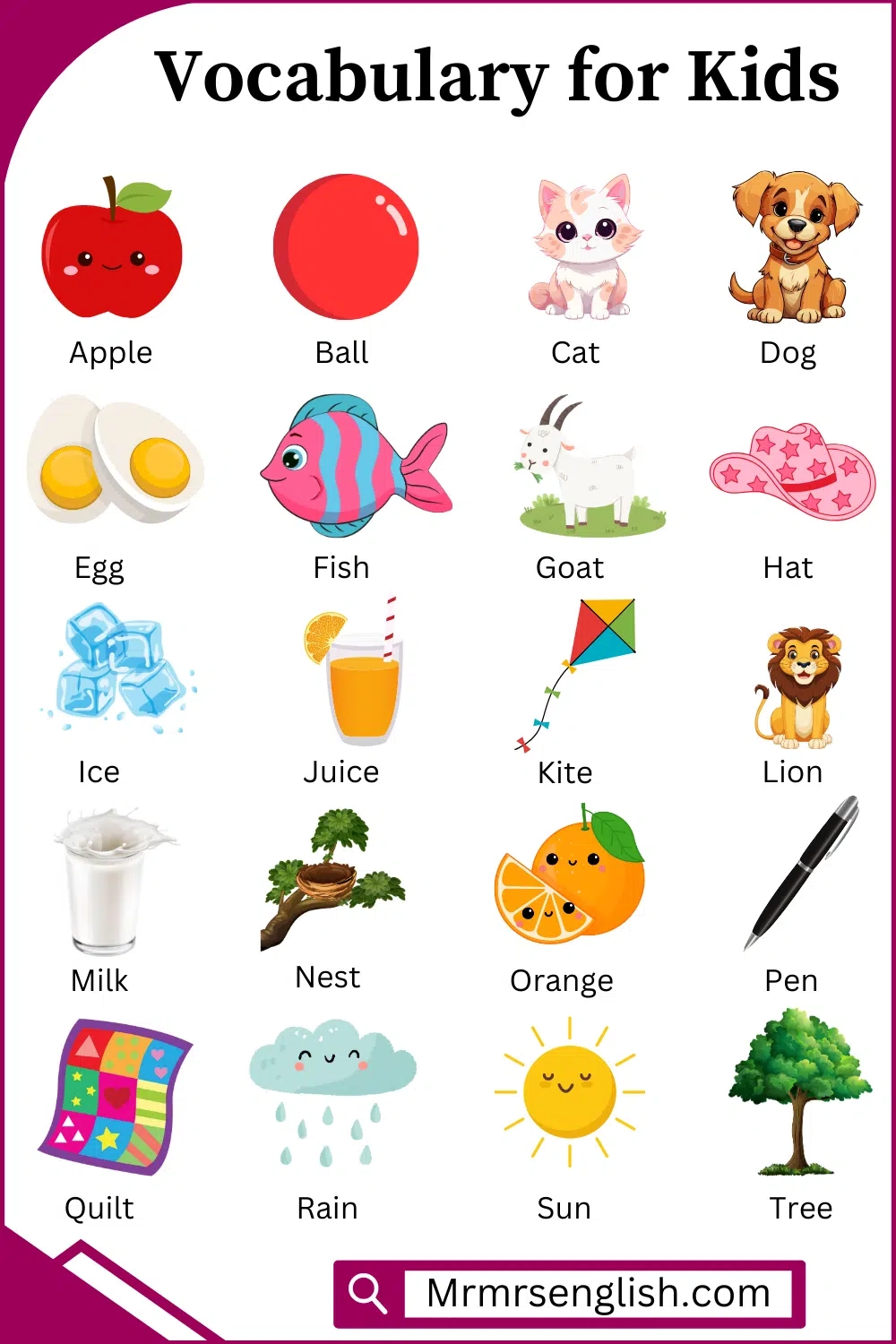 Basic Vocabulary Words For Kids With Their Pictures MR MRS ENGLISH
