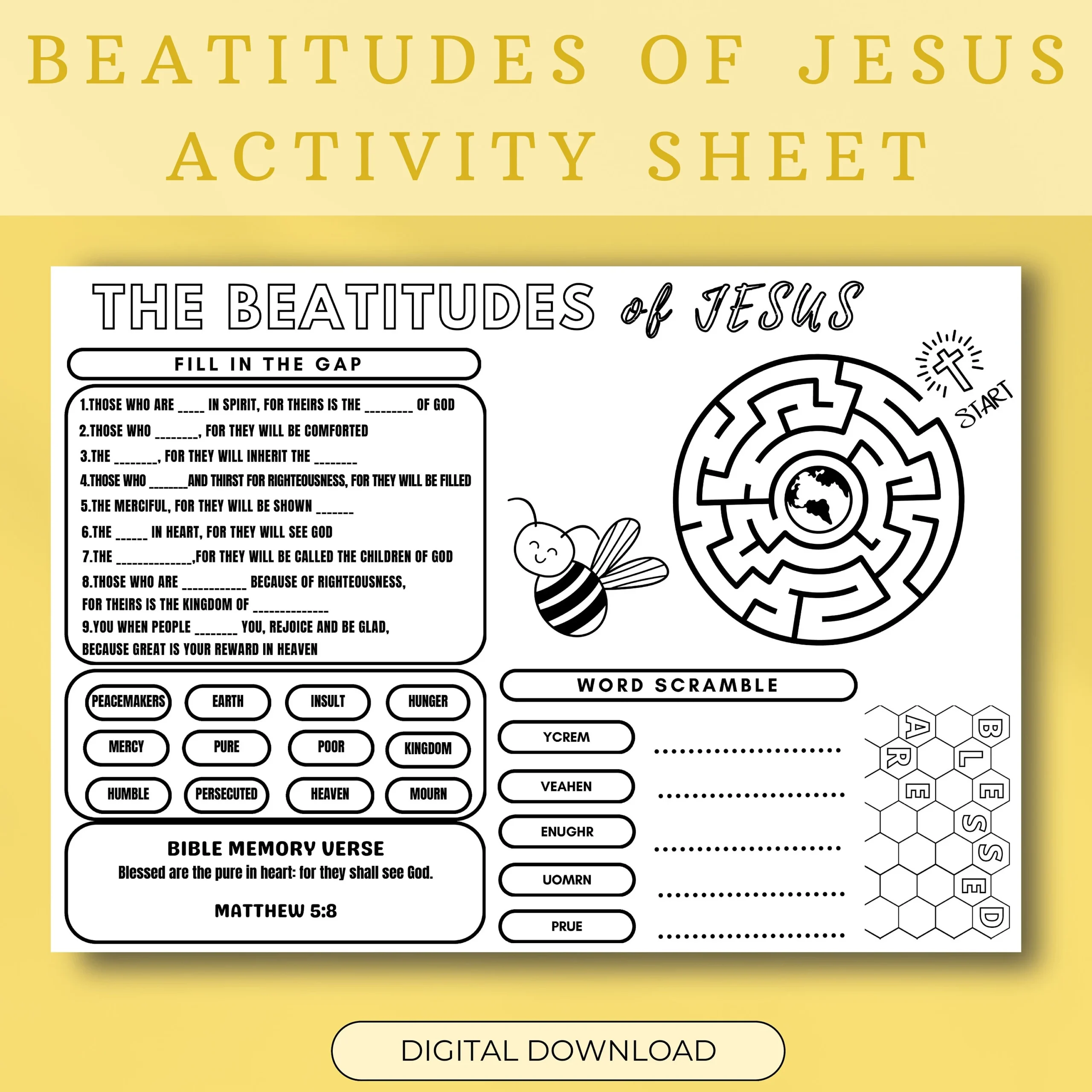 Beatitudes Of Jesus Activity Sheet Bible Story Placemat digital 