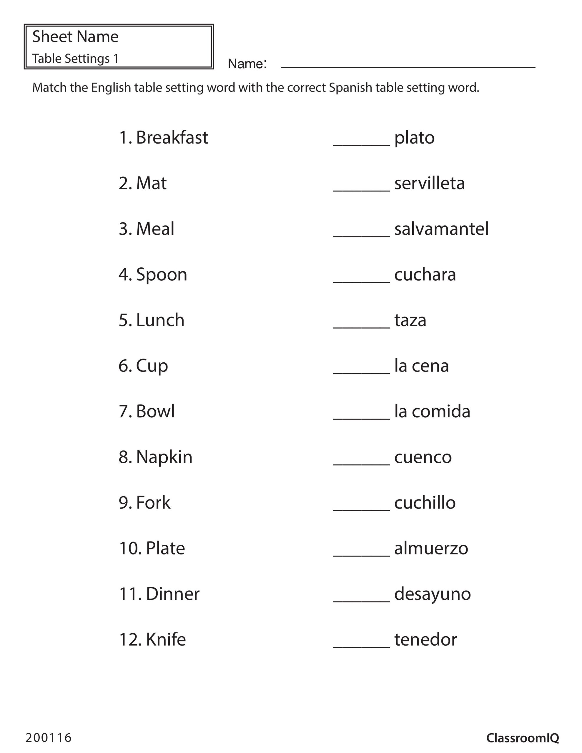 Spanish To English Worksheets Printables