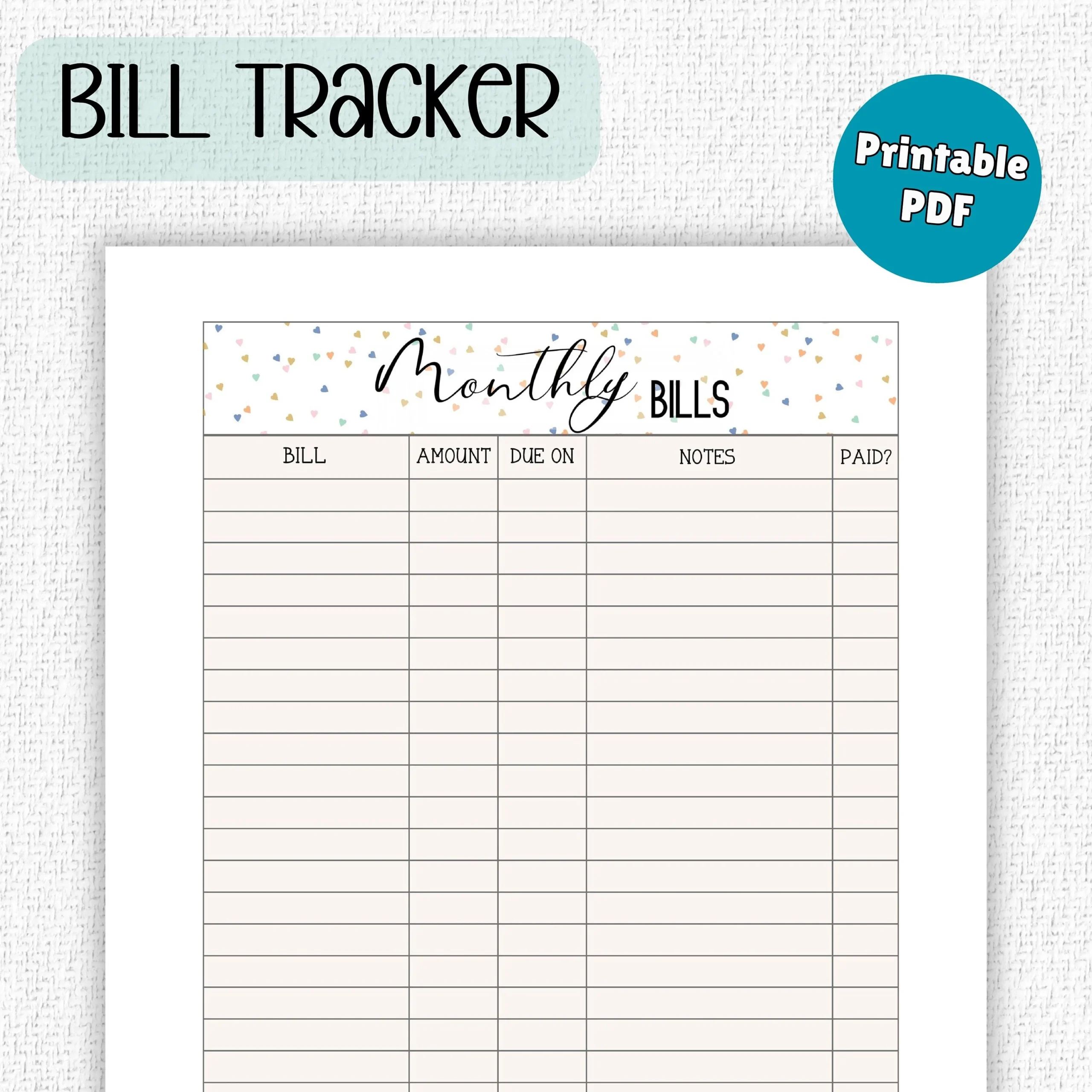 Bill Tracker Printable Monthly Bill Pay Template Downloadable 