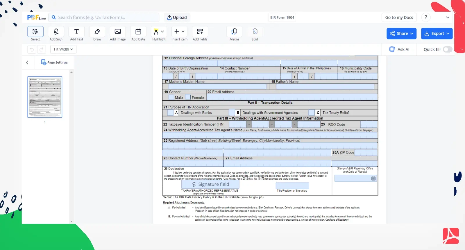 BIR Form 1904 Printable And Fillable Forms Online PDFliner