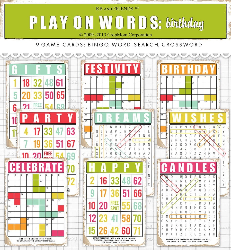 Birthday Game Cards Printable Decorative Bingo Crosswords Word 