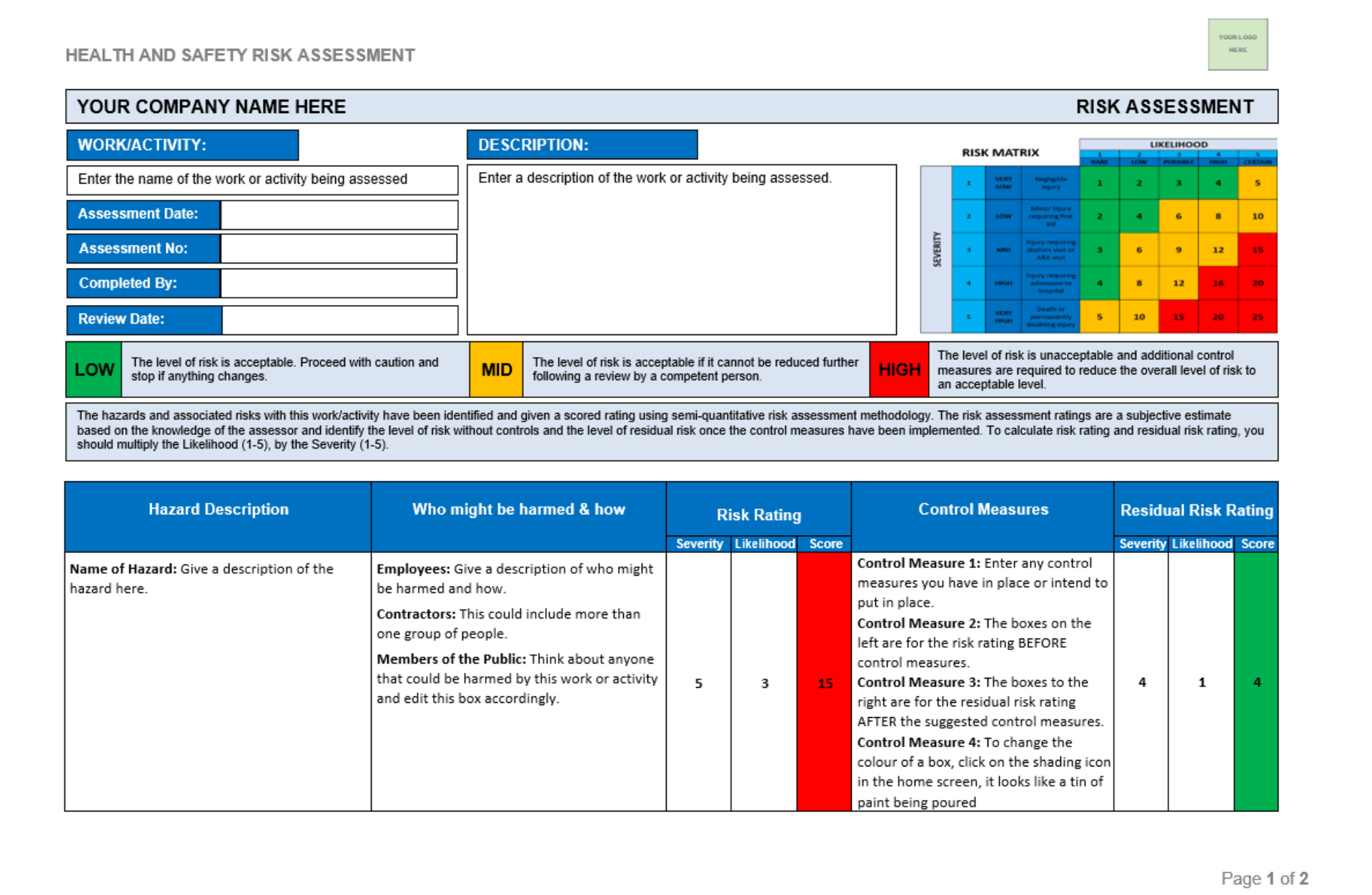 Printable Risk Assessment Template