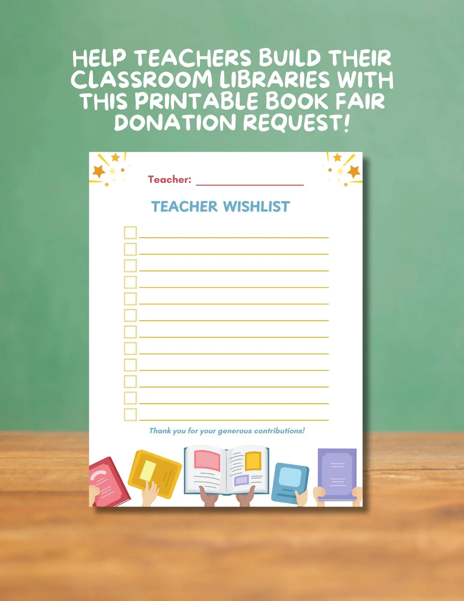 Book Fair Teacher Wish List Printable School Book Fair Donation 