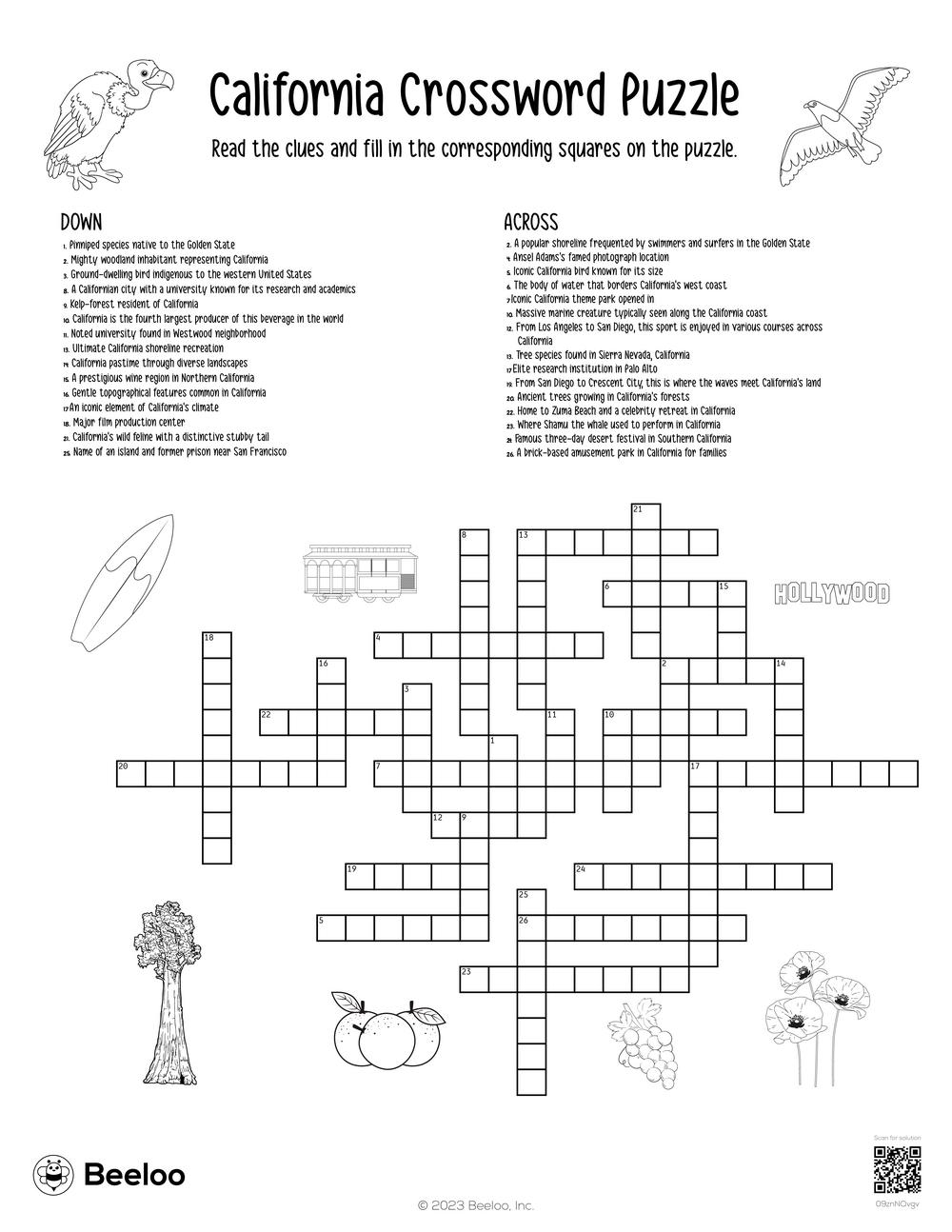 California themed Crossword Puzzles Beeloo Printable Crafts And 