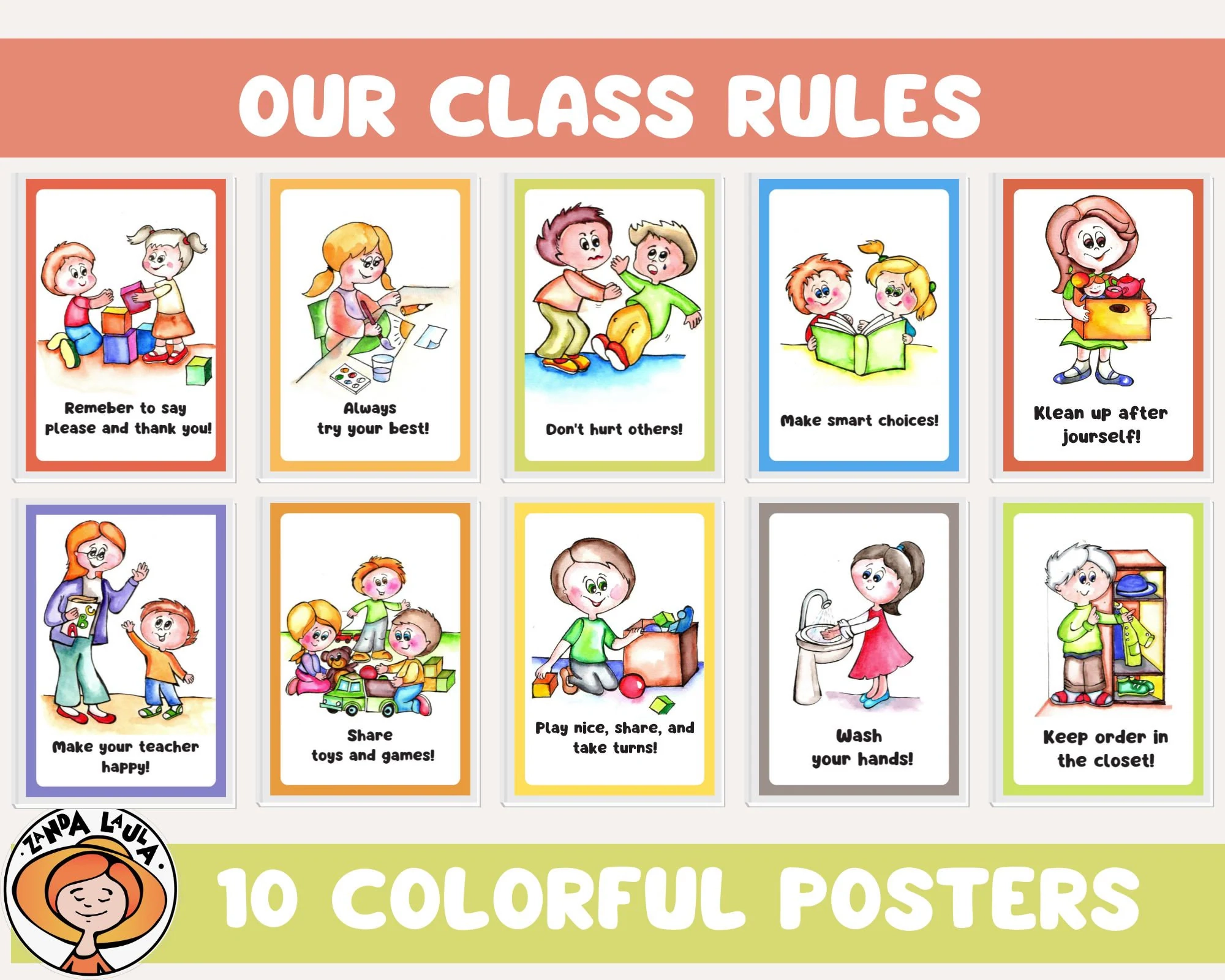 Classroom Rules Posters 10 Colorful Prints For Preschool PDF 