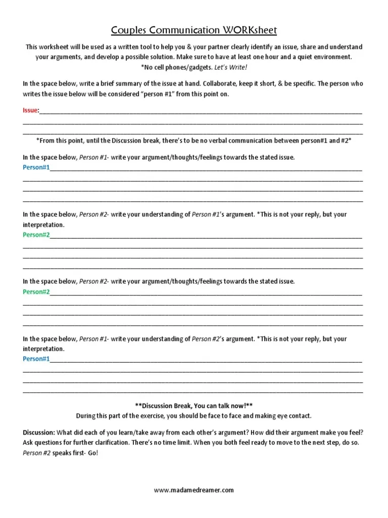 Couples Communication WORKsheet PDF Communication 