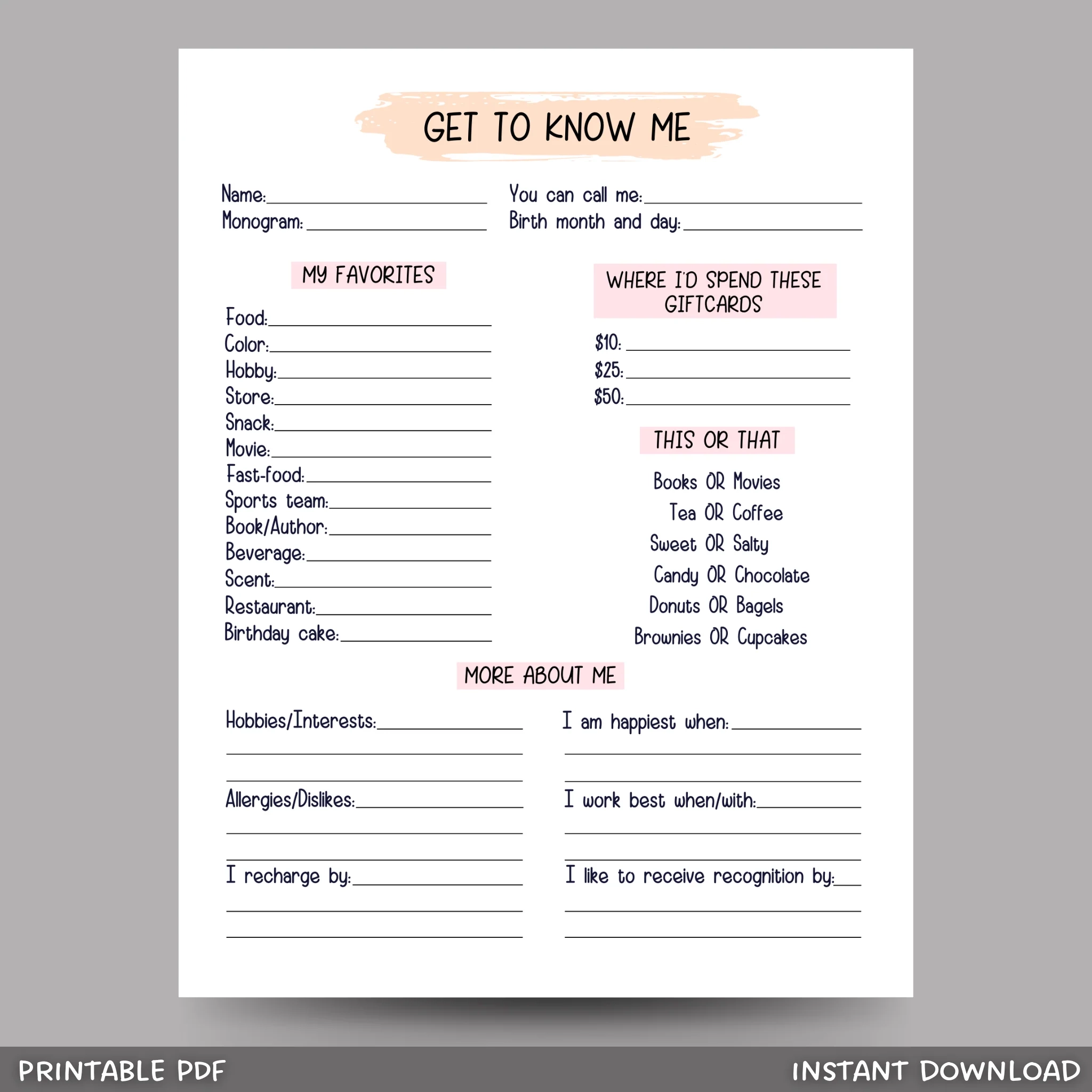 Coworker Questions Printable All About Me Employee Survey 