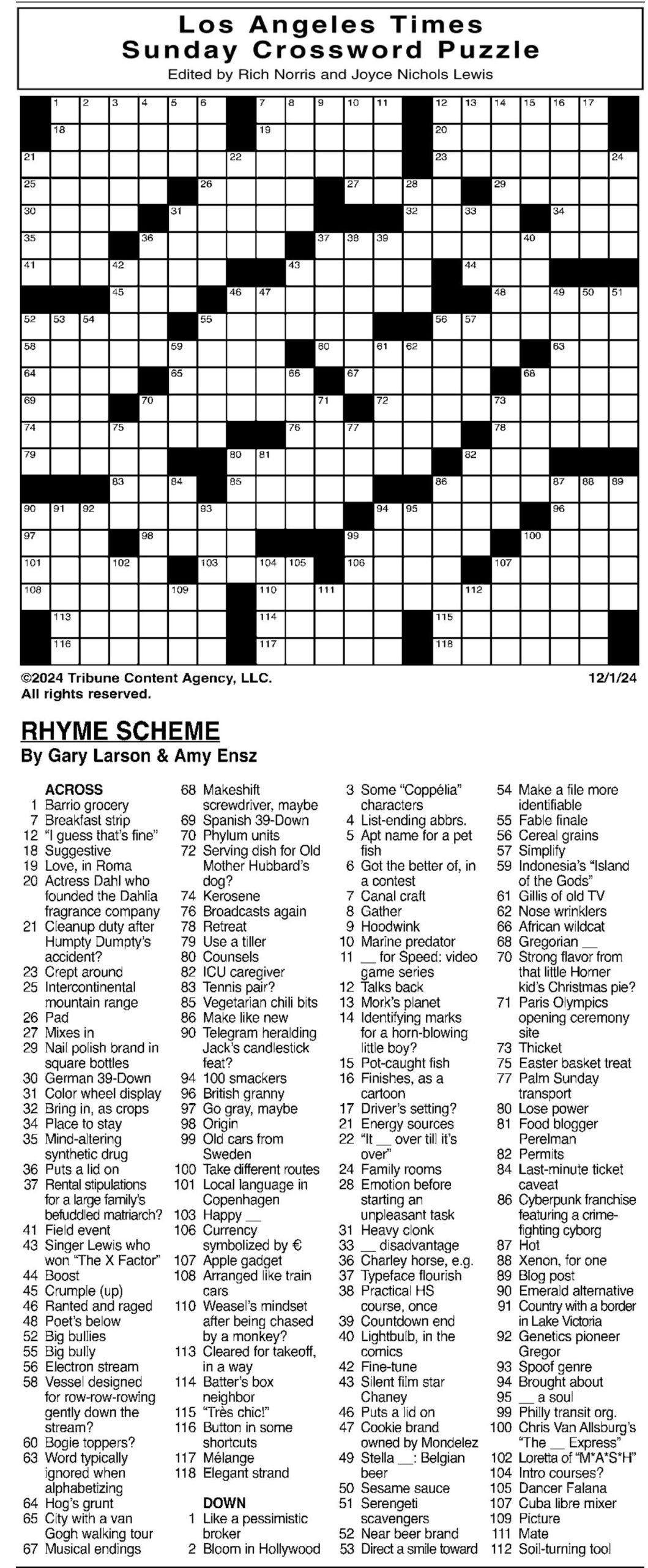La Crossword Puzzle Printable