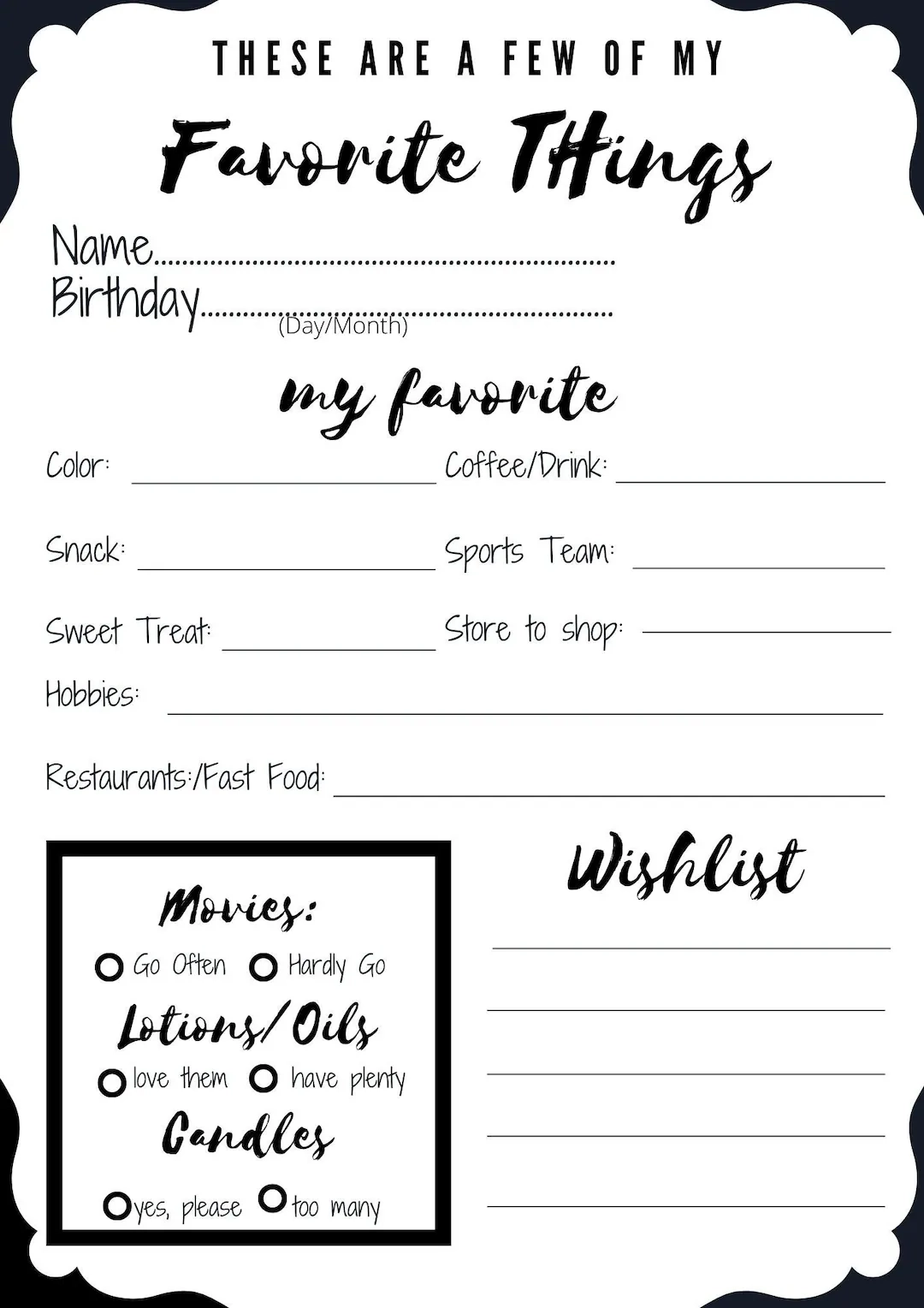 Customizable My Favorite Things Questionnaire 8 x10 Secret 
