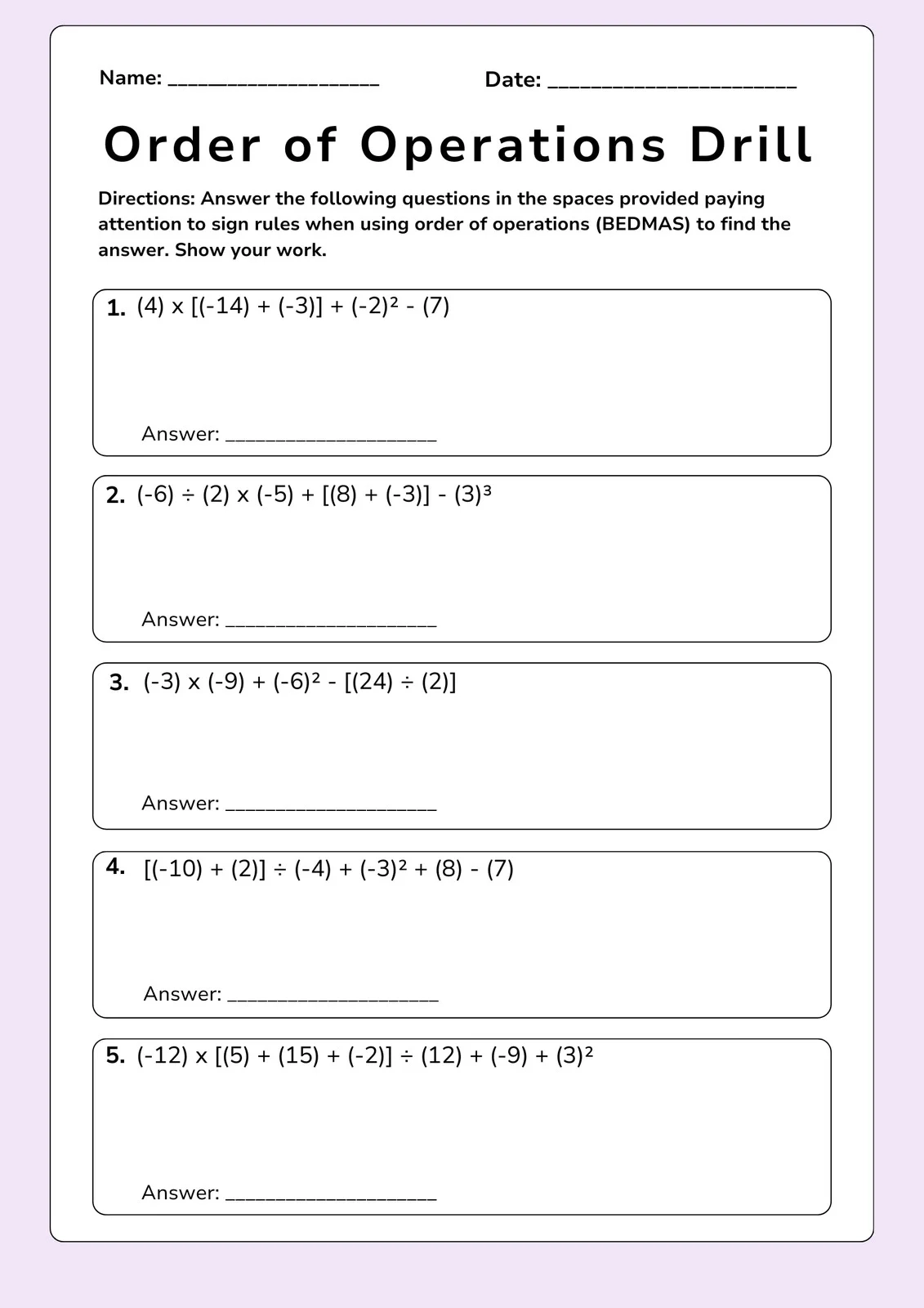 Free Printable Order Of Operations Worksheets