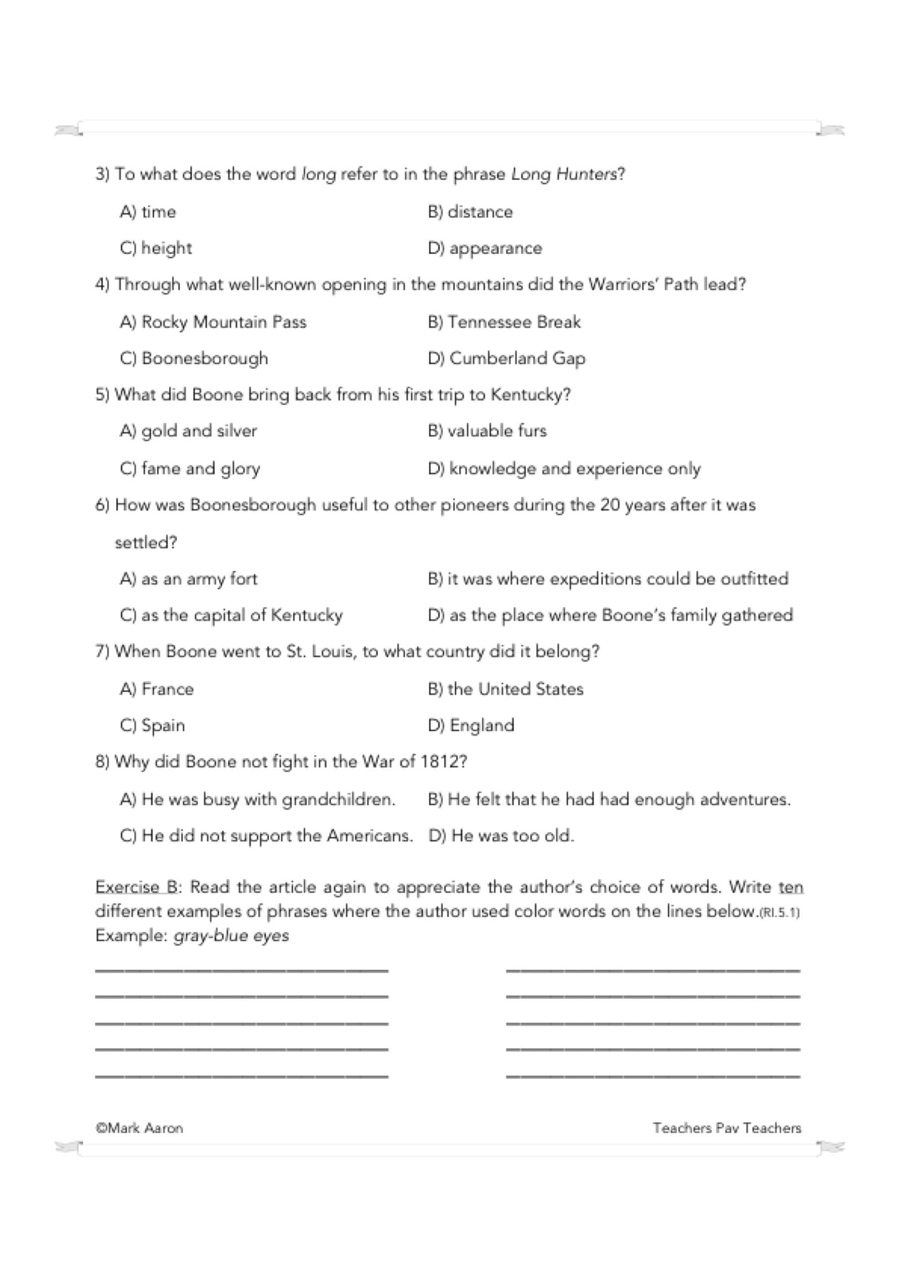 Daniel Boone Pioneer Reading Comprehension Passage And 