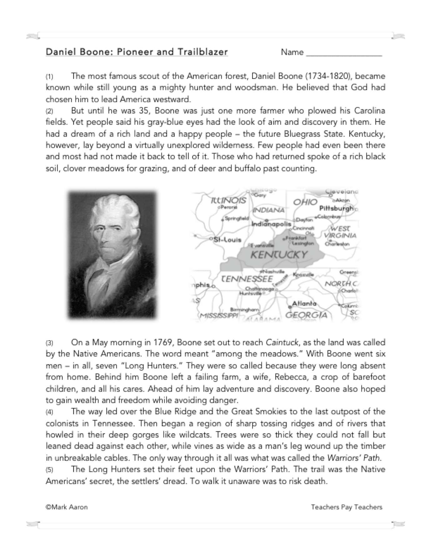 Daniel Boone Pioneer Reading Comprehension Passage And 