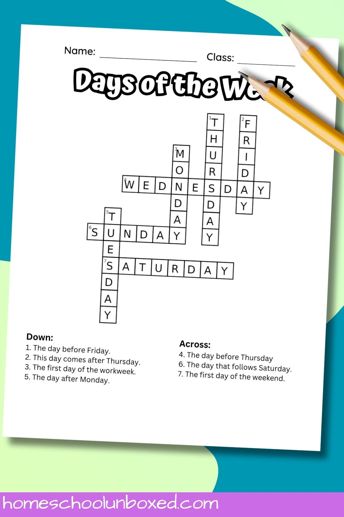 Days Of The Week Crossword Free Printable Puzzle With Answer Key 