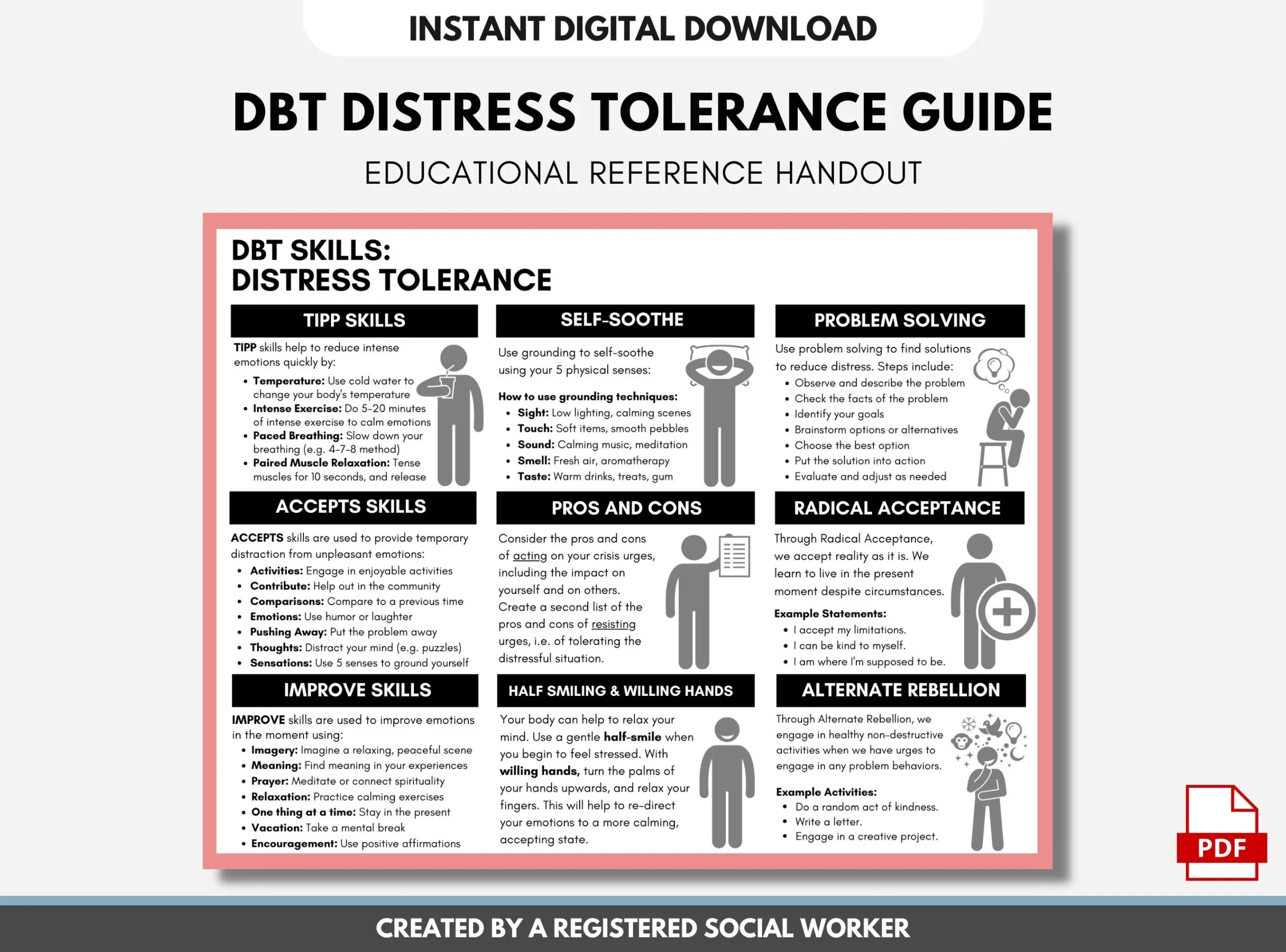 DBT Distress Tolerance Coping Skills Worksheet Digital Printable 
