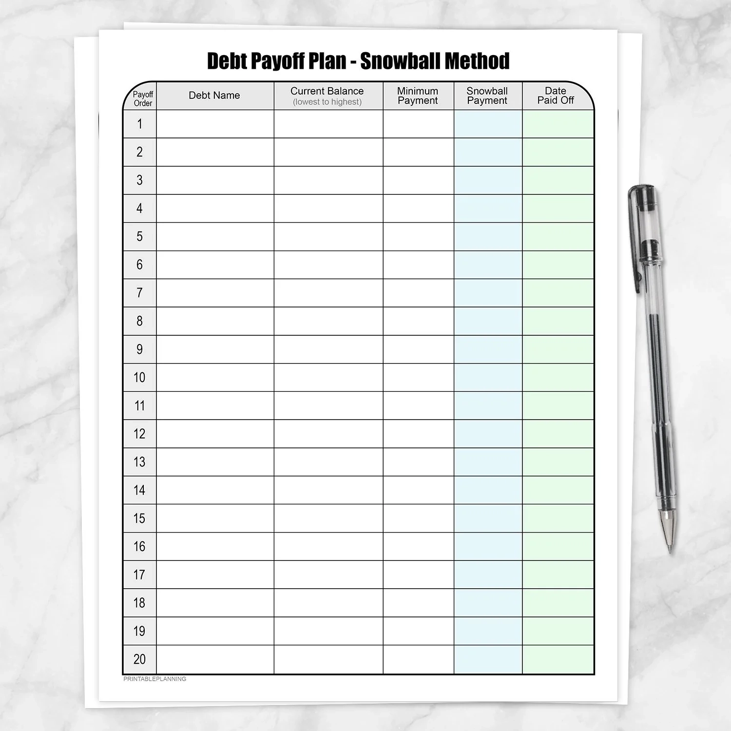 Snowball Debt Worksheet Printable