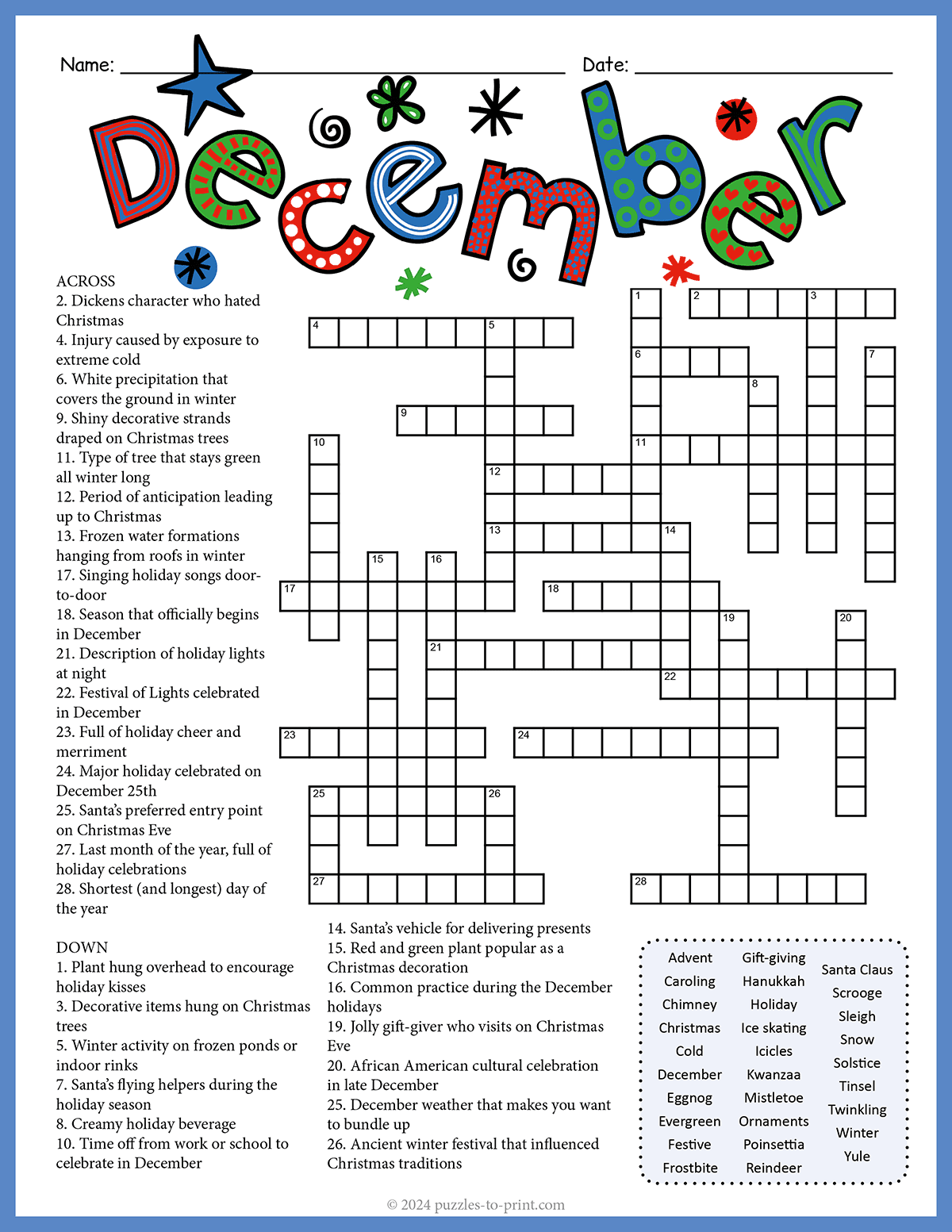 Printable Christmas Crossword Puzzles