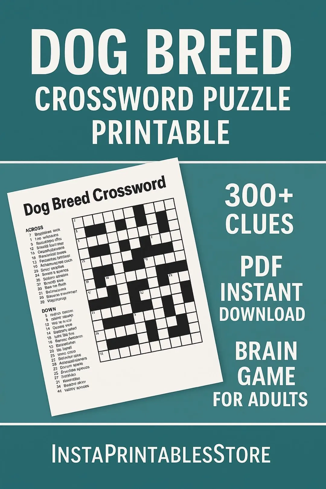 Dog Breed Crossword Puzzle Printable 300 Clues PDF Instant 