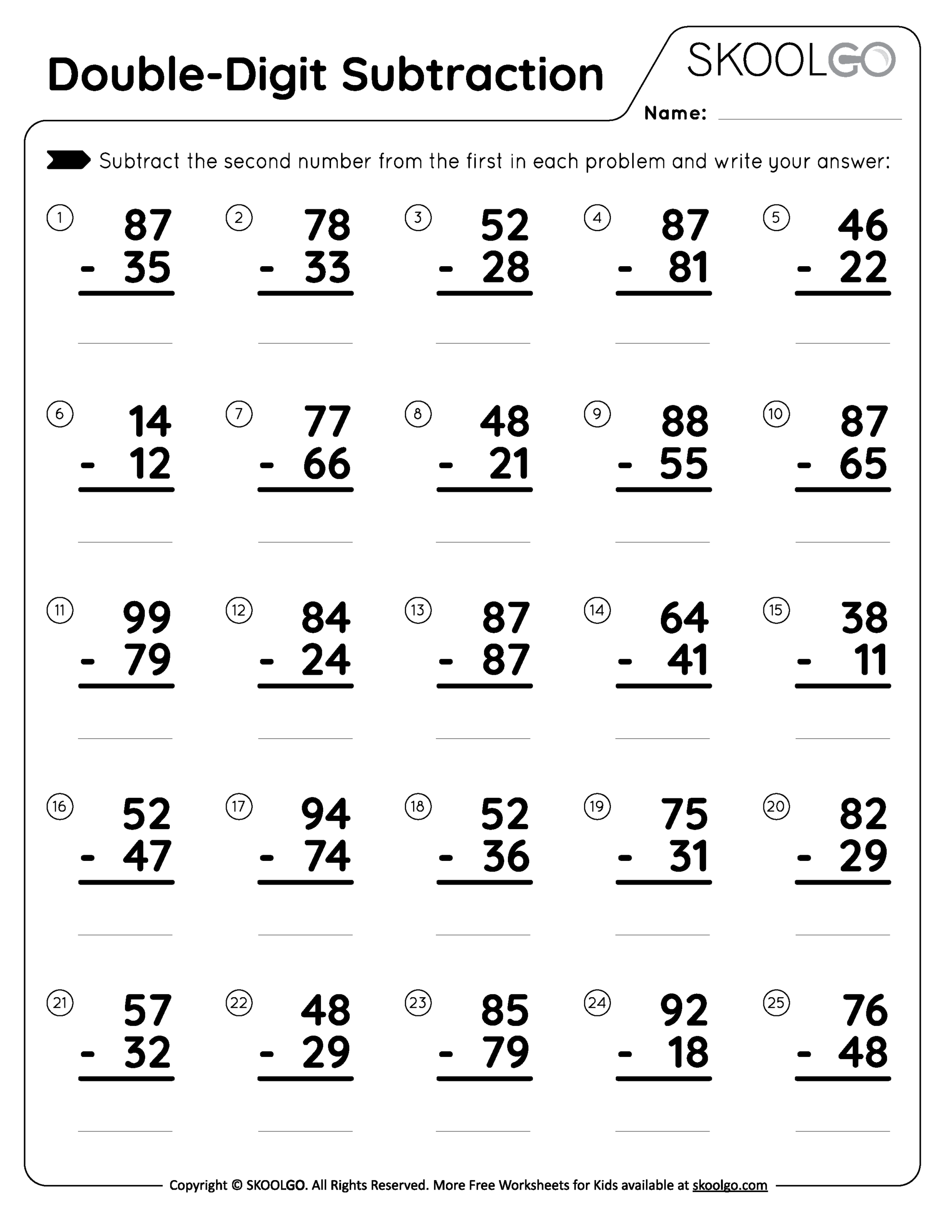 Double Digit Subtraction Free Worksheet For Kids SKOOLGO