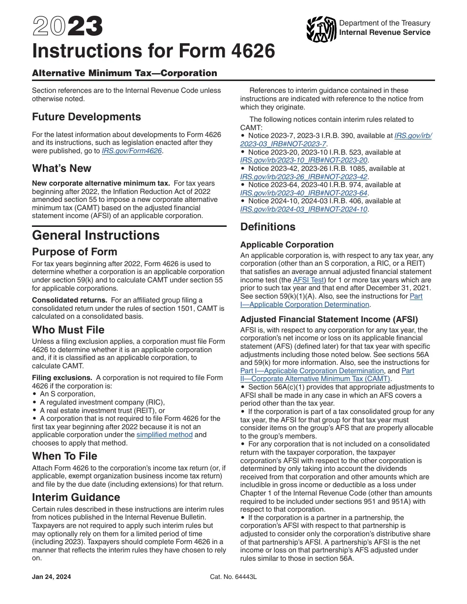 Download Instructions For IRS Form 4626 Alternative Minimum Tax 