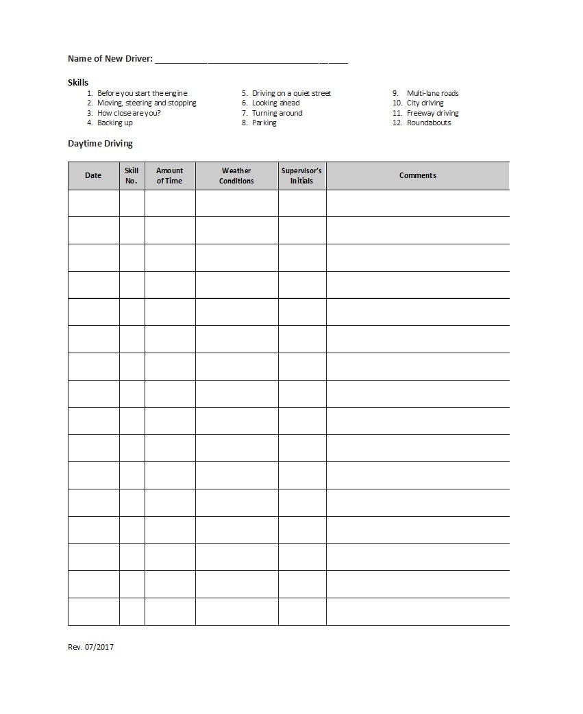 Drivers Log Sheet Printable