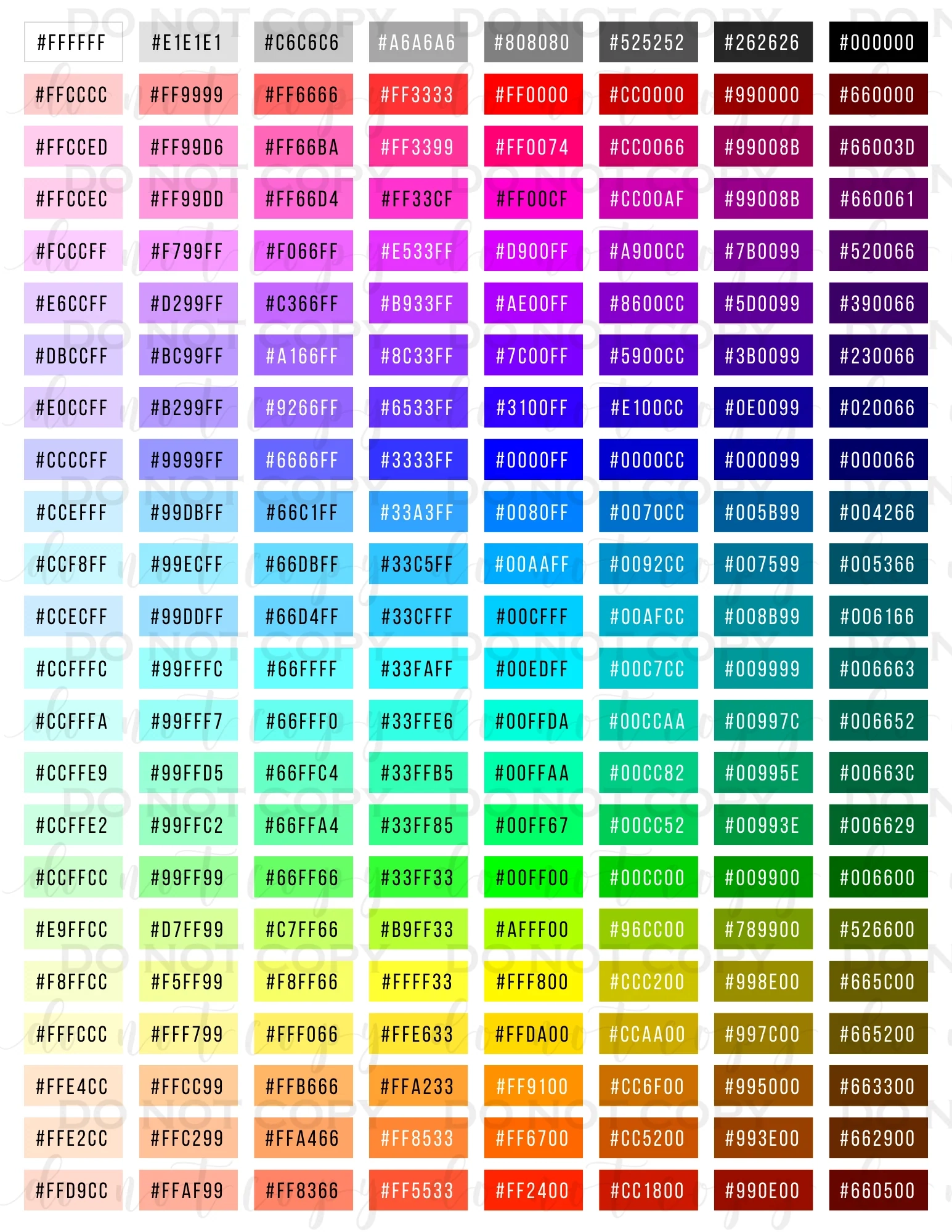 DTF Sample Hex Code Color Chart 403Designs