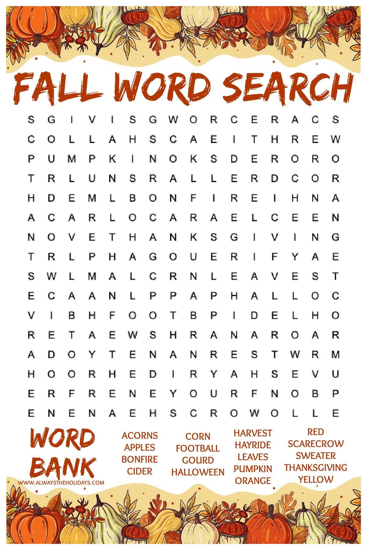 Printable Fall Word Search Puzzles