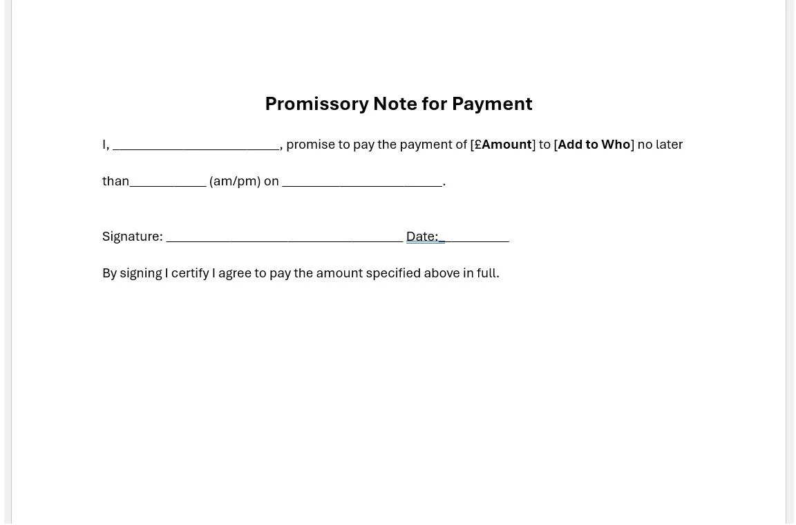 Printable Simple Promissory Note Template