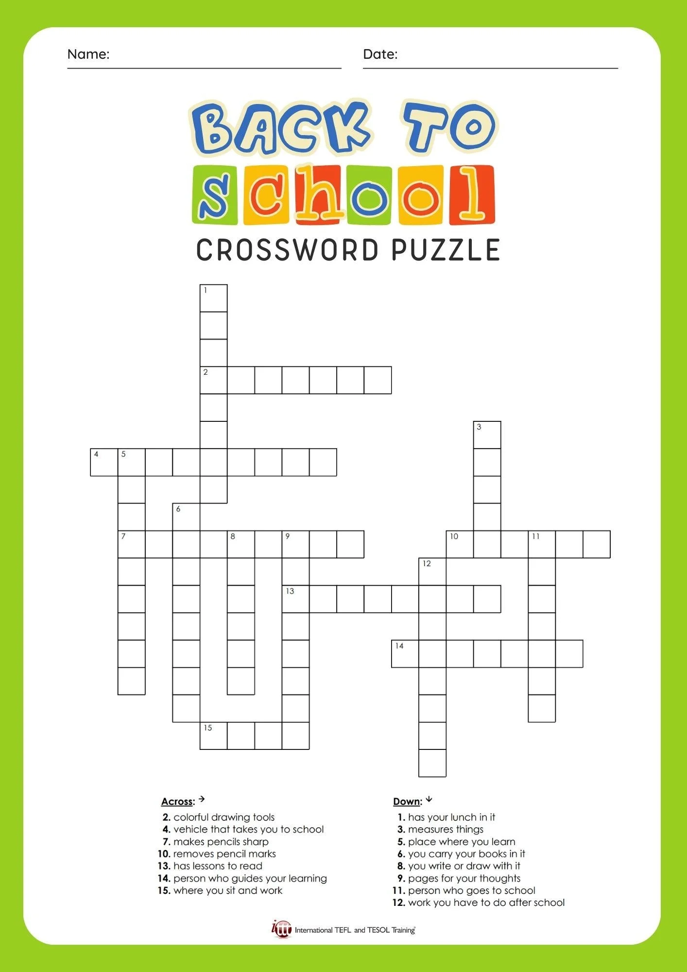 EFL Back To School Vocabulary Crossword Puzzle ITTT