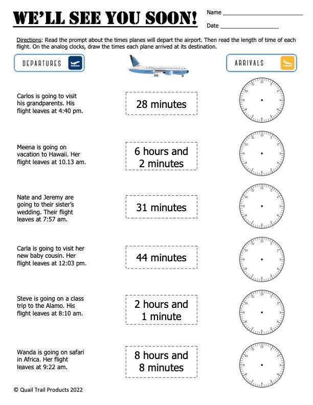 Elapsed Time Worksheets Airplane Theme