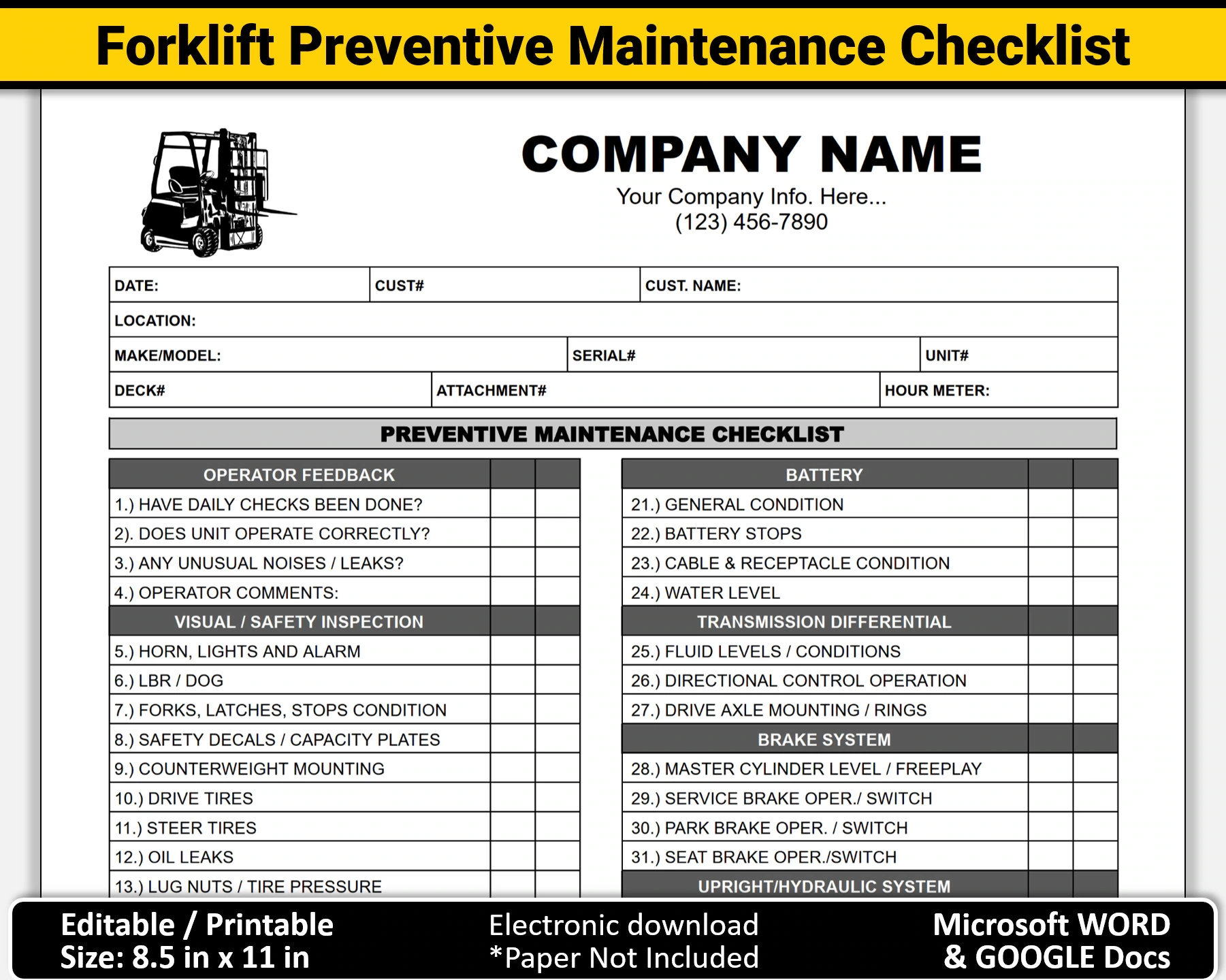 Printable Free Weekly Forklift Inspection Checklist Template