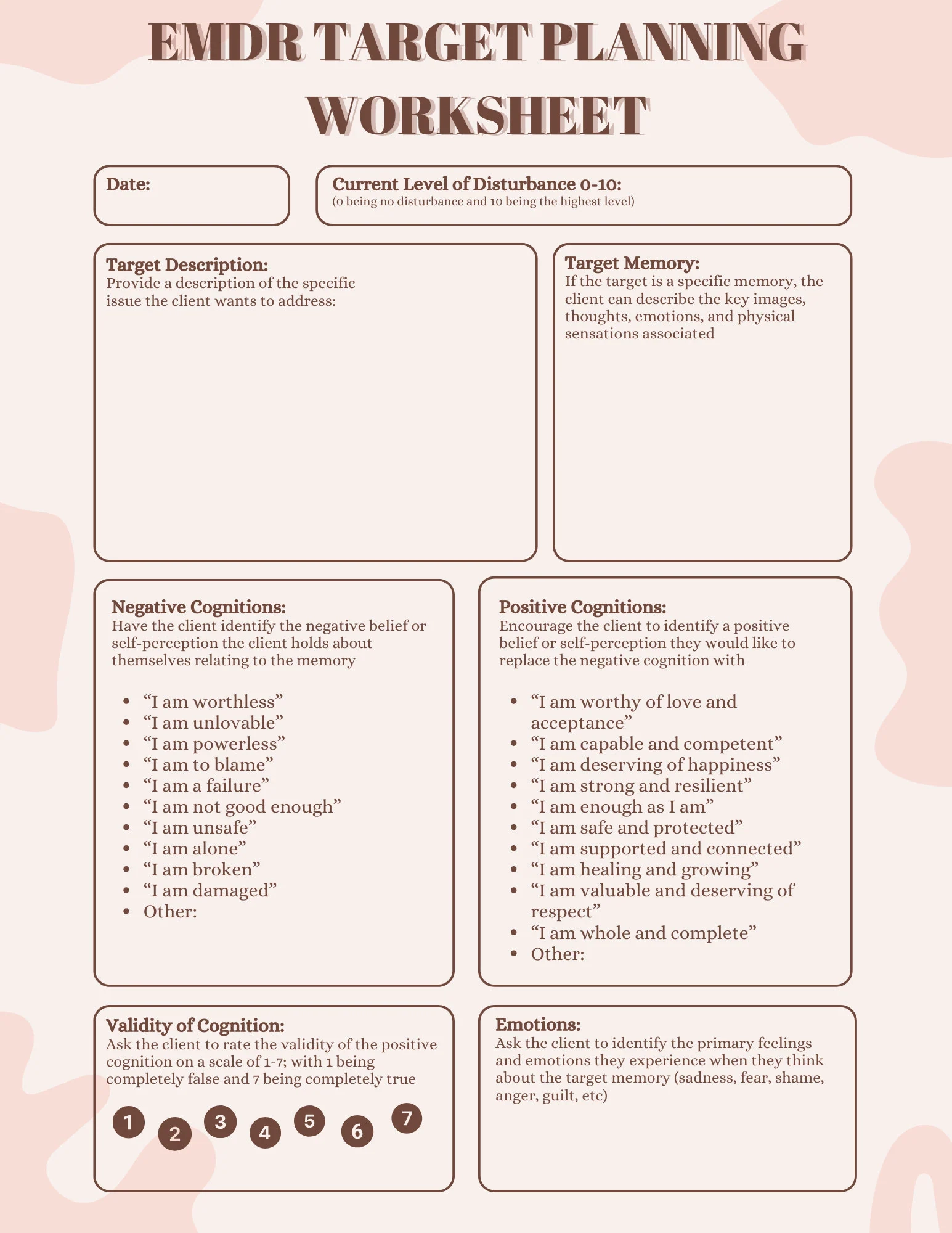EMDR Target Planning Worksheet Therapy Tool digital Download 