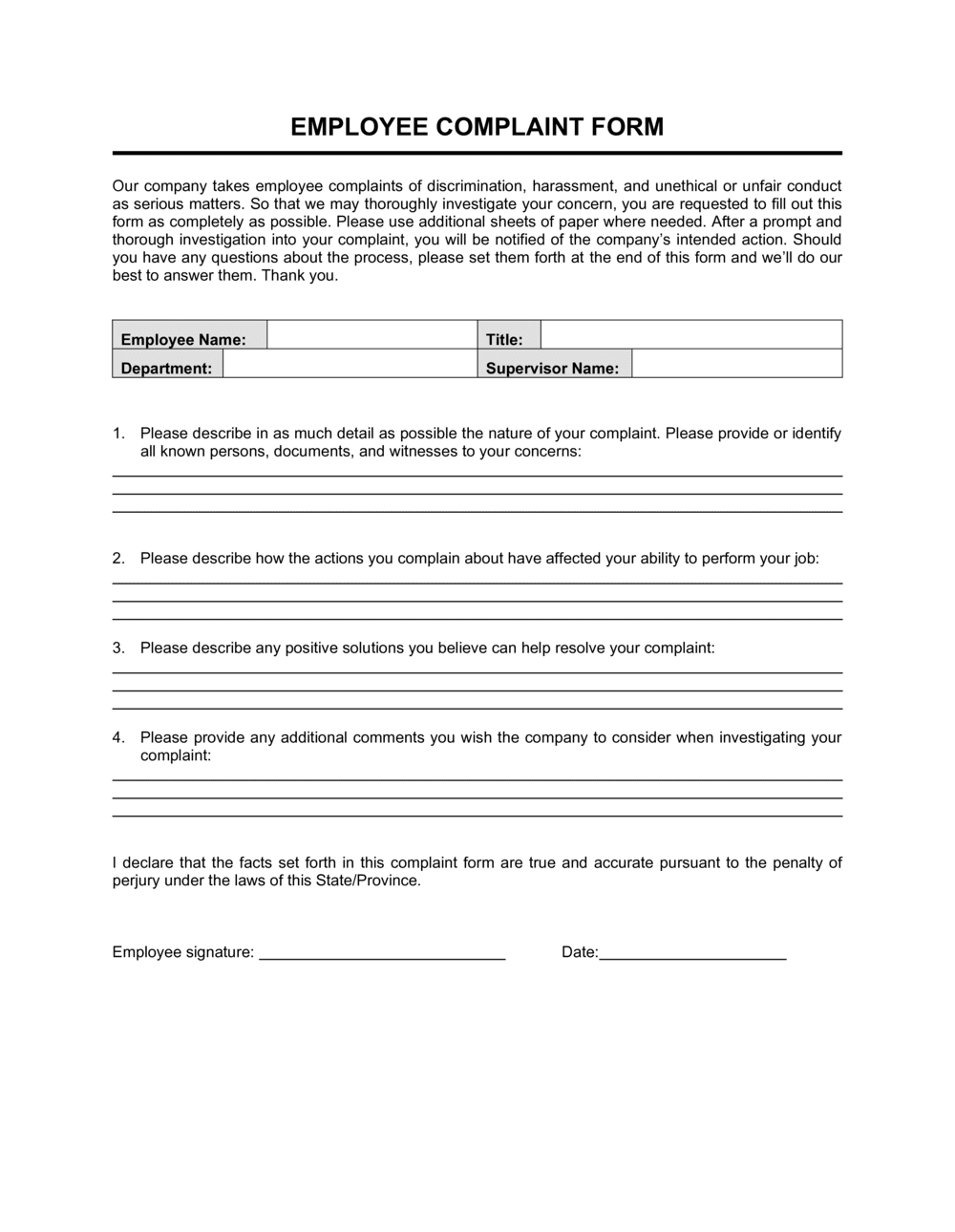 Employee Complaint Form Template Word amp PDF Free Trial