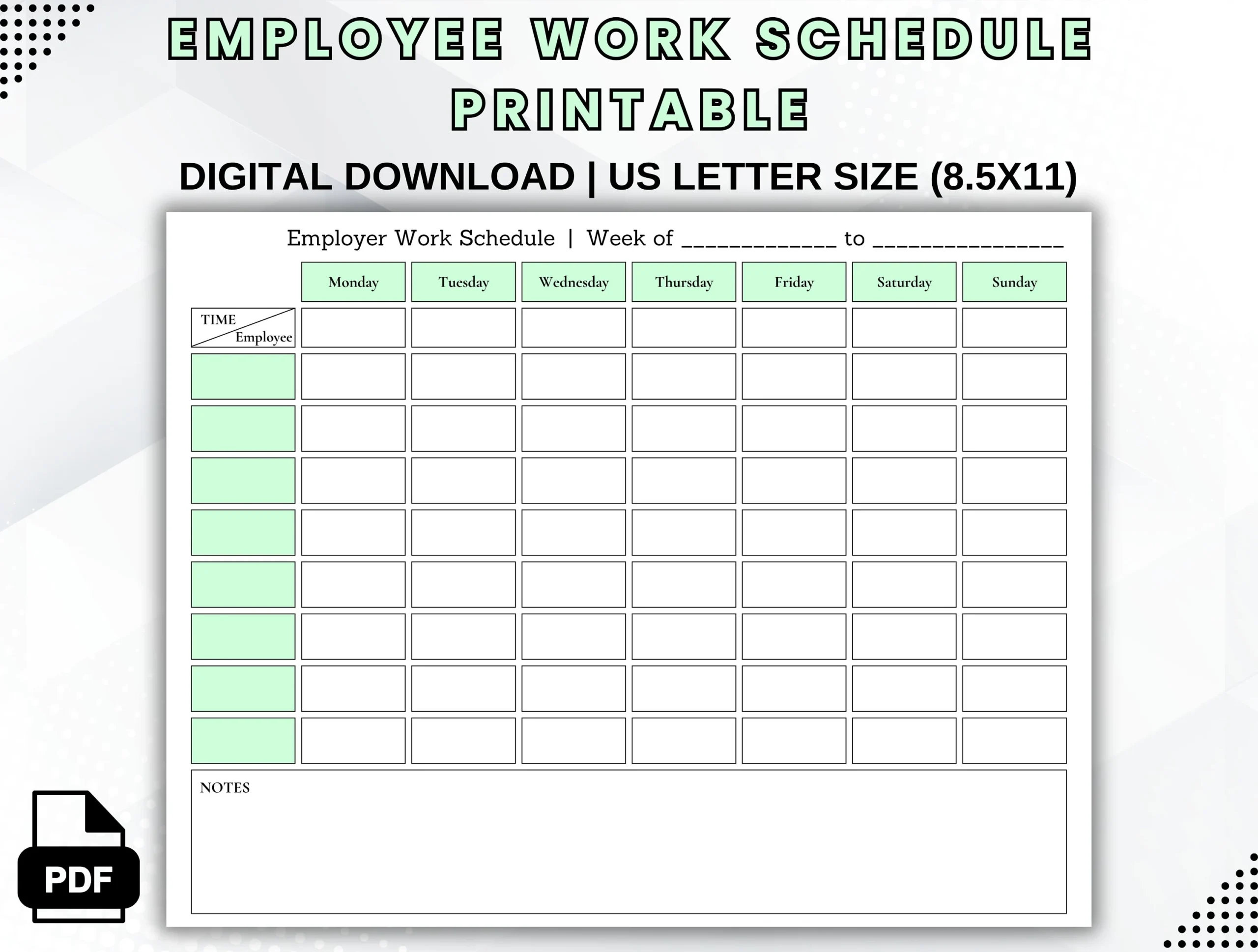 Employee Work Schedule Printable Weekly Staff Shift Template PDF 