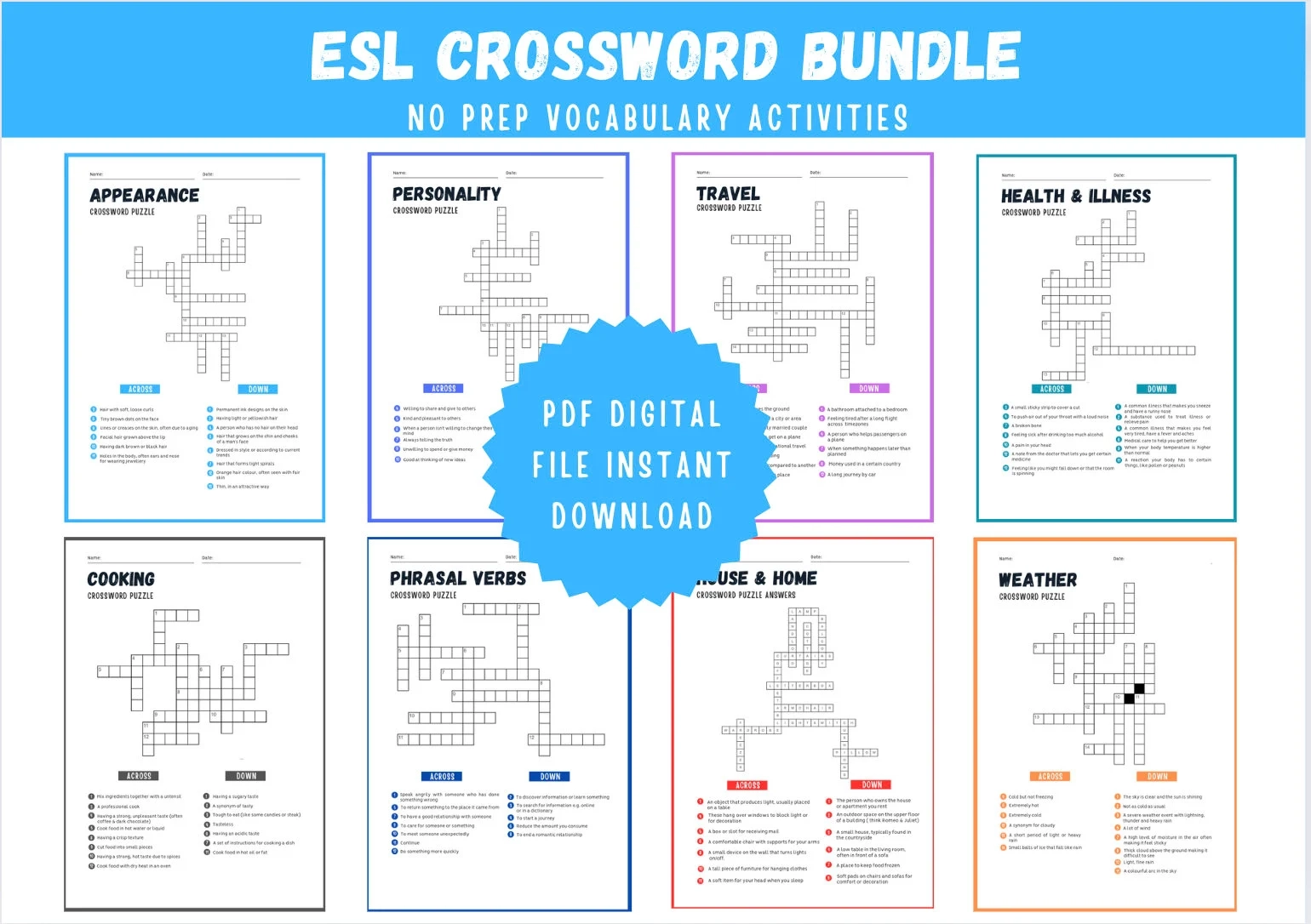 ESL Crossword Bundle Vocabulary For A2 And B1 English Learners 