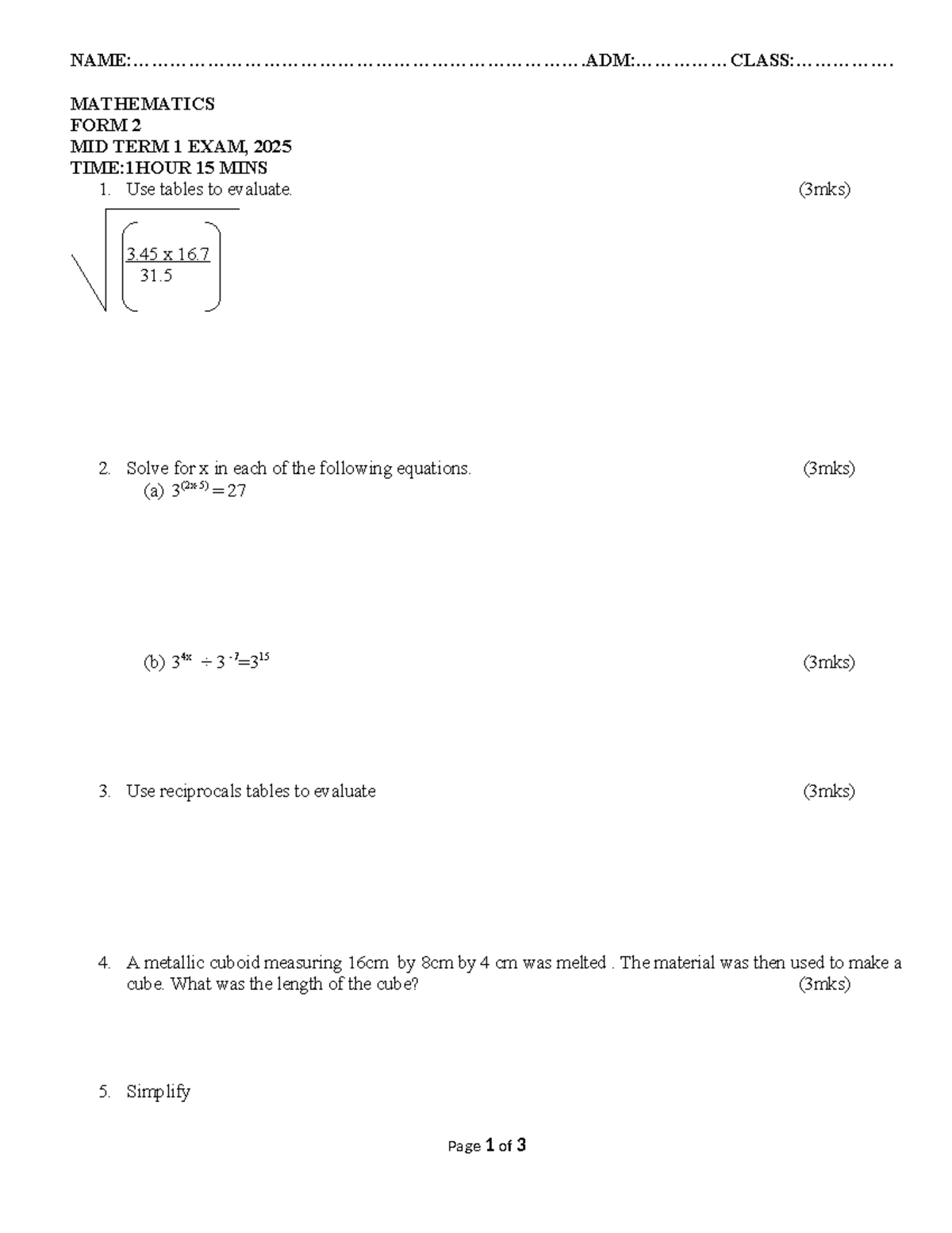 f2 maths mid term 1 exam questions 2025 exam material studocu