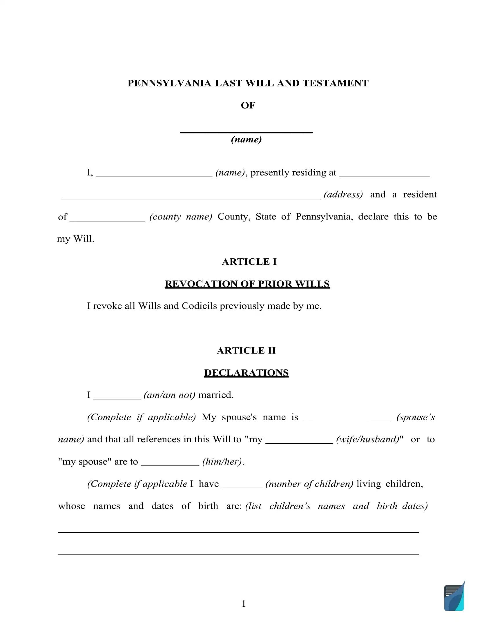 Fillable Pennsylvania Last Will And Testament Form FREE 