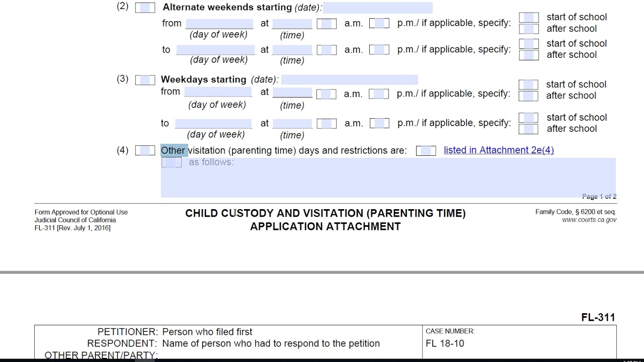 FL 311 Child Custody And Visitation Application Attachment