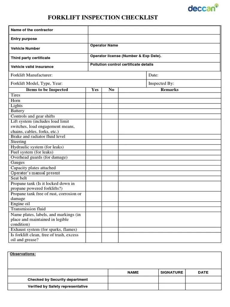 Forklift Checklist PDF