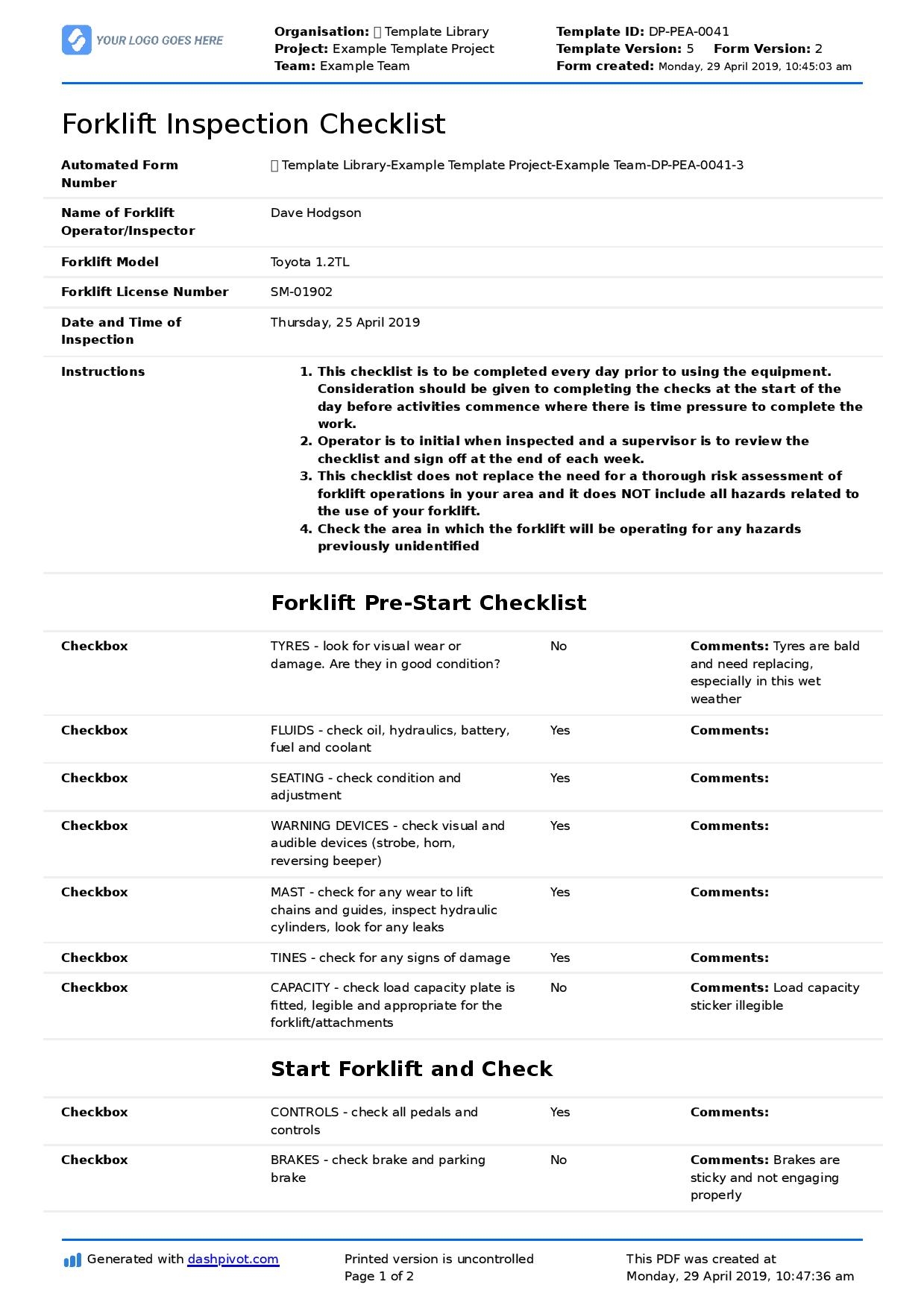 Forklift Inspection Checklist For Daily Pre use amp Safety 