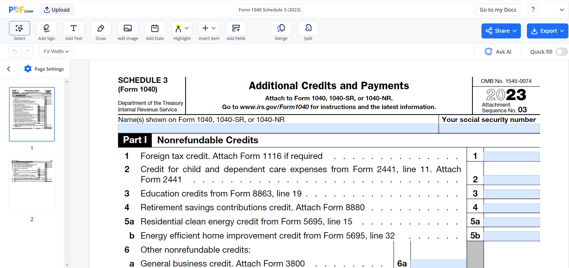 Form 1040 Schedule 3 Fill And Sign Online PDFliner
